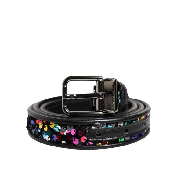 Dolce & Gabbana Black Sequin Embellished Metal Buckle Men's Belt
